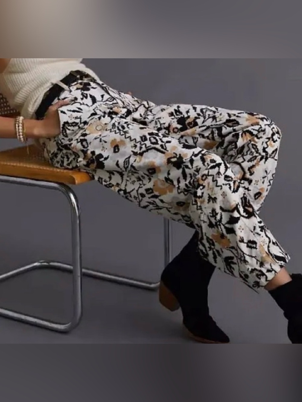 Anthropologie barrel corduroy floral Print Wide-Leg Pants cropped ankle Sz 0P